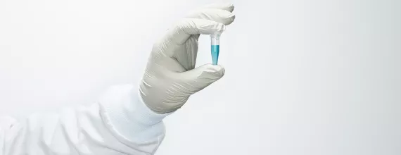 Gloved hand holding vial