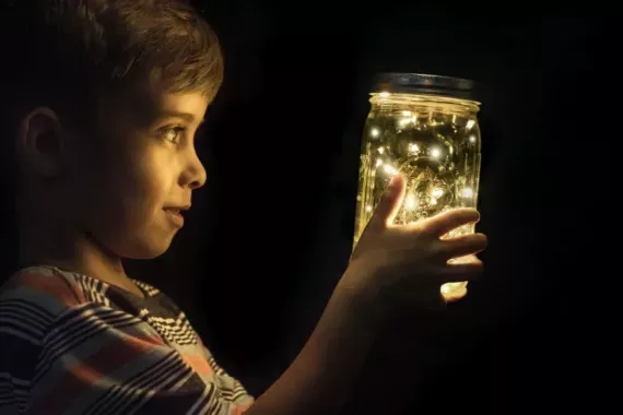 A boy looking a glow worms in a jar